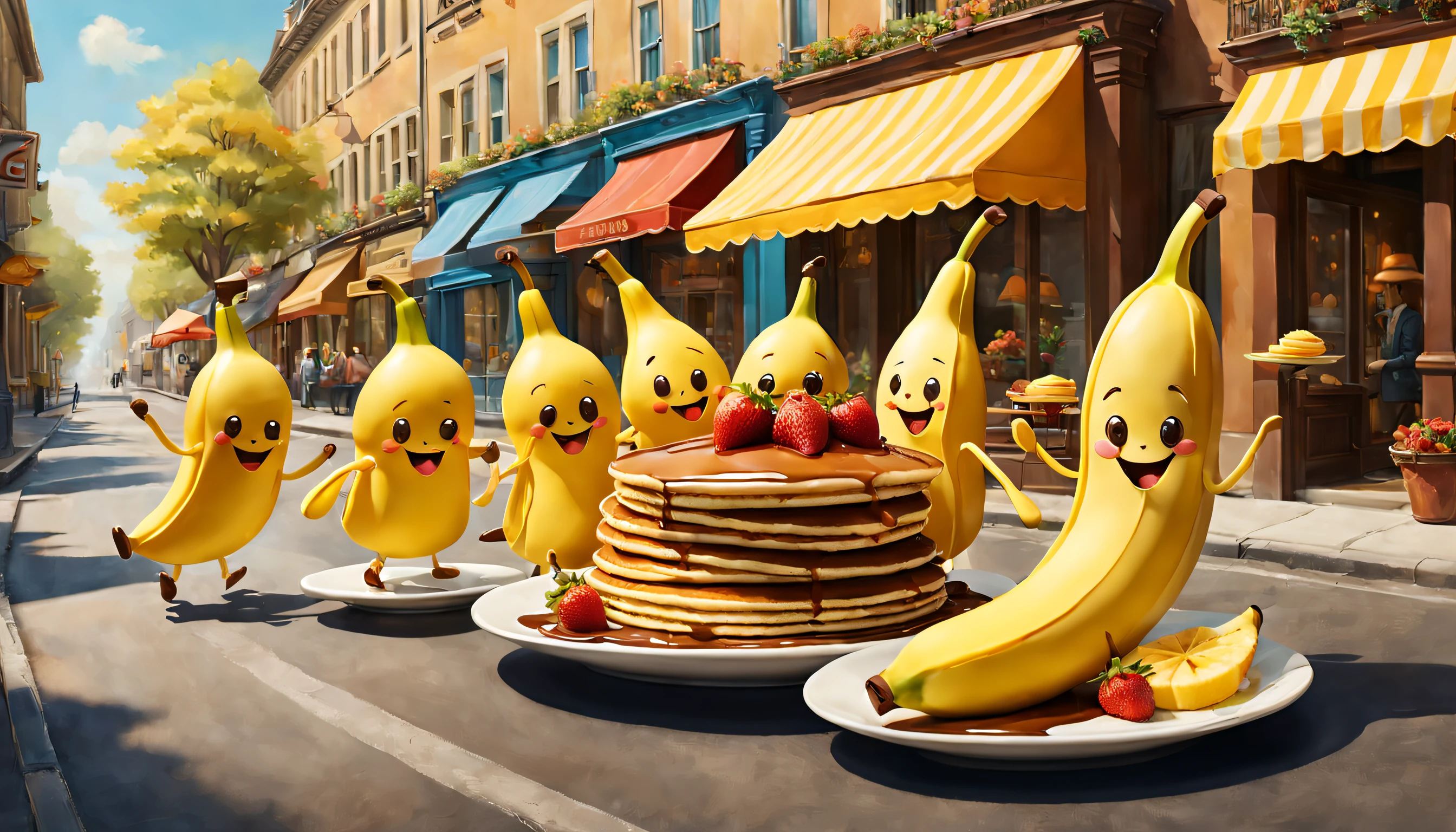 In this captivating image, a whimsical scene unfolds on a sunny day as five pancake characters, each donning a hat shaped like a banana, stroll down the street. Their pancake bodies come to life with adorable arms and legs, giving them an endearing sense of whimsy. The pancakes' eyelids, tinted a delightful shade of strawberry, add a touch of playfulness to their chocolate eyes, which gleam with warmth and friendliness. This image, reminiscent of a vibrant and imaginative painting, showcases the impeccable attention to detail and expert craftsmanship. Every element is meticulously designed, from the meticulous shading and expression of the pancake characters to the colorful backdrop of a cheerful, sun-drenched street. This delightful artwork invites viewers into a world where an ordinary breakfast food becomes a charming and enchanting spectacle.