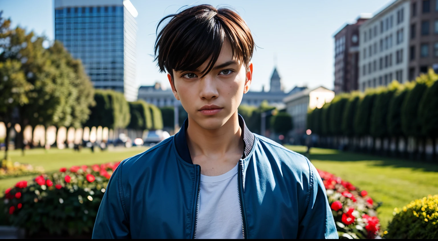 blue eyes, 1boy, short hair,  hair between eyes, bangs, open clothes, upper body, open jacket, collarbone, blue jacket, solo, frown, solo focus, looking at viewer, long sleeves, outdoor, street, garden, meadow, fountain,