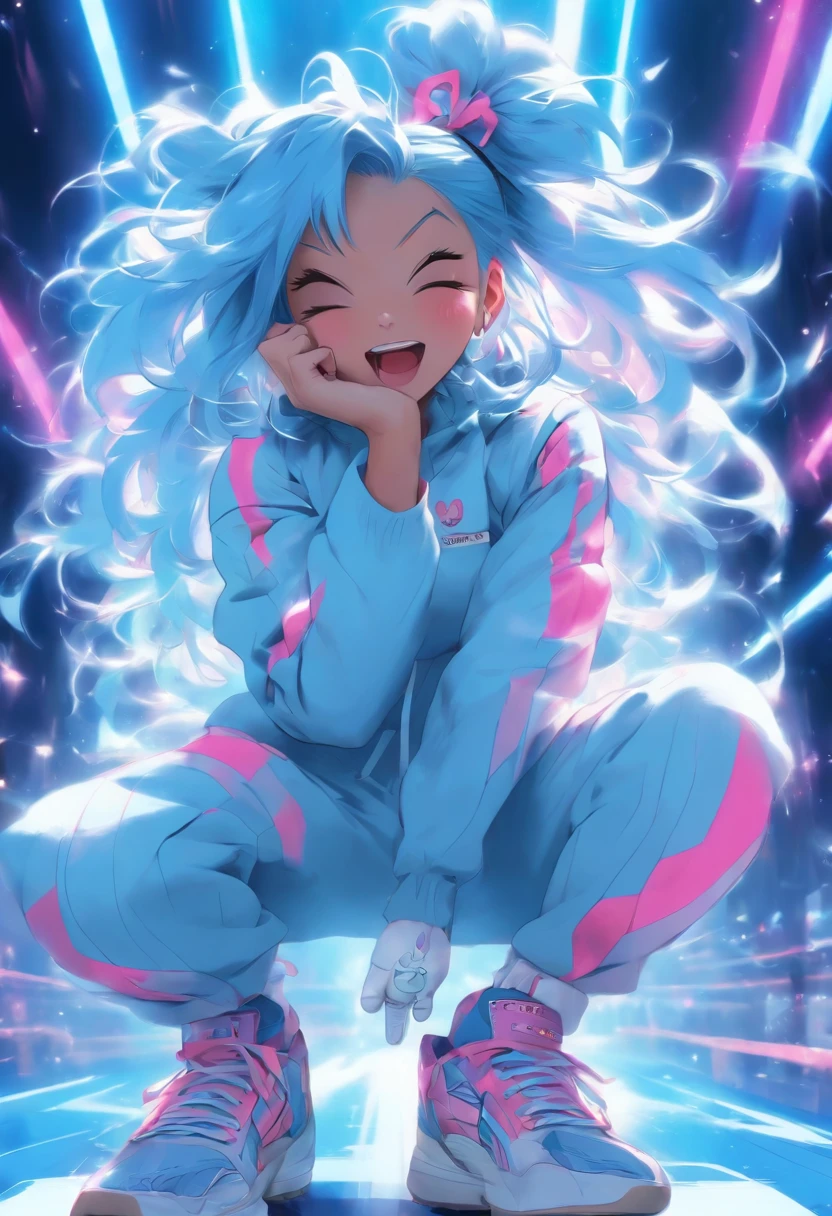 1 girl singer dressed in a light blue jumpsuit with pink lines on the sides and black arm sleeves and feet with white tennis shoes with white gloves with black rabbit ears and long electric blue hair, singing