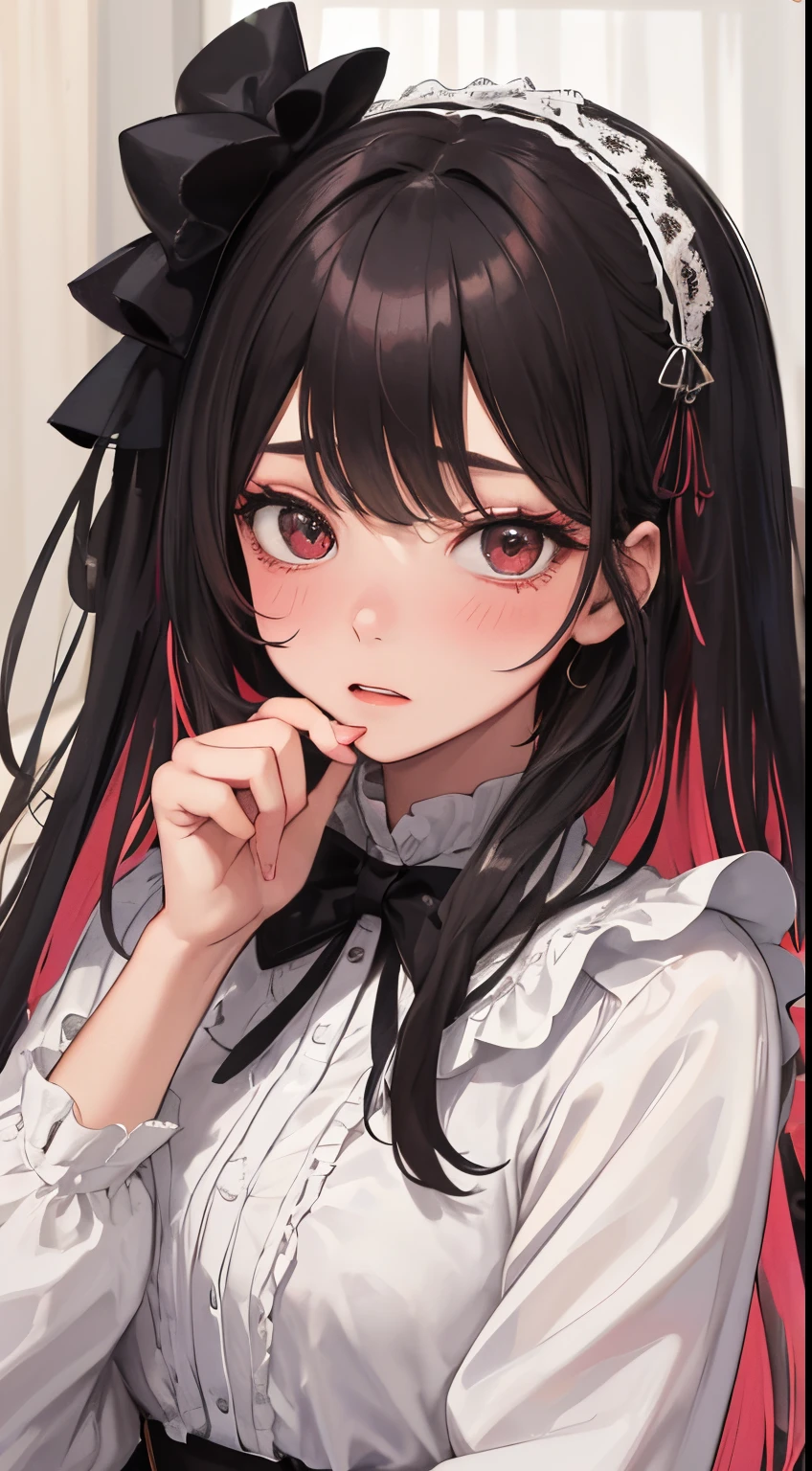 girl with２a person:1.8,(blush:1.1),Choker,Drunk、Two girls are kissing、top-quality、masutepiece、Blushing cheeks、Mine makeup、Yandere Images、black and red lolita fashion、One person shortcuts、Colorful long hair、《Messy room》、bustup、The style is very good、two women appear、femele２a person