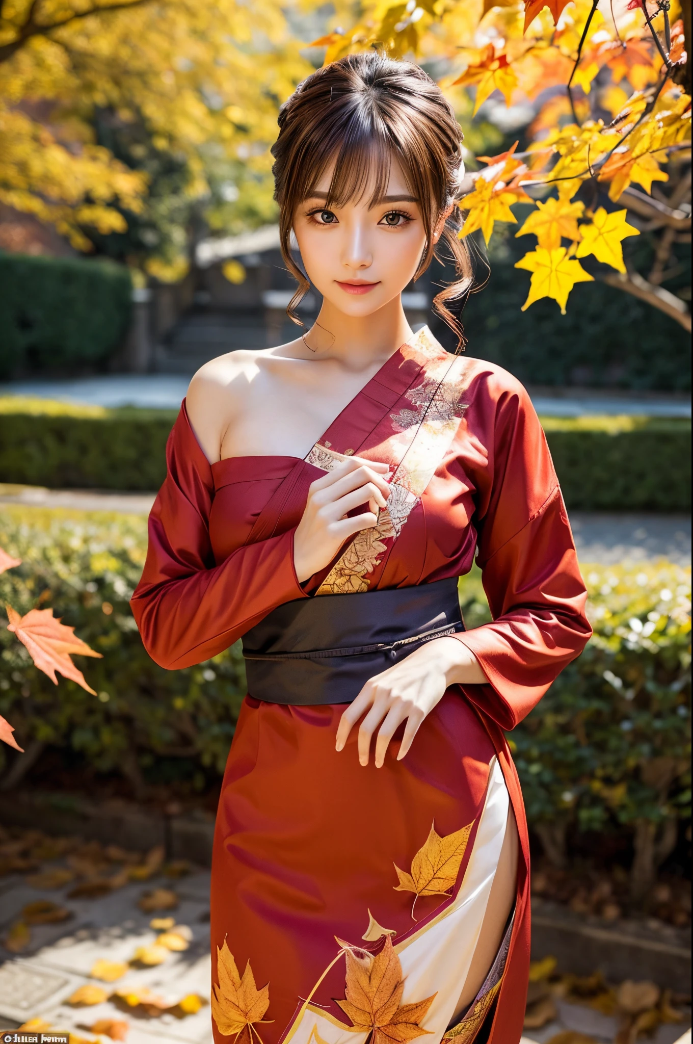 (masutepiece:1.3, Photorealsitic:1.4, 8K), top-quality, masterpiece, 超A high resolution, Perfect dynamic composition, Highly detailed skin and facial texture:1.3, A detailed eye, Detailed limbs, autumnal, Autumn leaves landscape at night:1.2, 1girl in, Cute sexy 25 year old slim woman, Fair skin, (Autumn leaves are dancing:1.2), ((Enraptured look:0.9, Totally captivates you:1.0)), (red long-sleeved furisode:1.3), ((voluptuous breasts:1.05)), (Facing the front, randome pose), (Beautiful blue eyes, Eyes that feel beautiful eros:0.85), Sexy face:0.4, (A mouthfeel that feels beautiful eros:0.85), ((Too cute beauty:0.9))