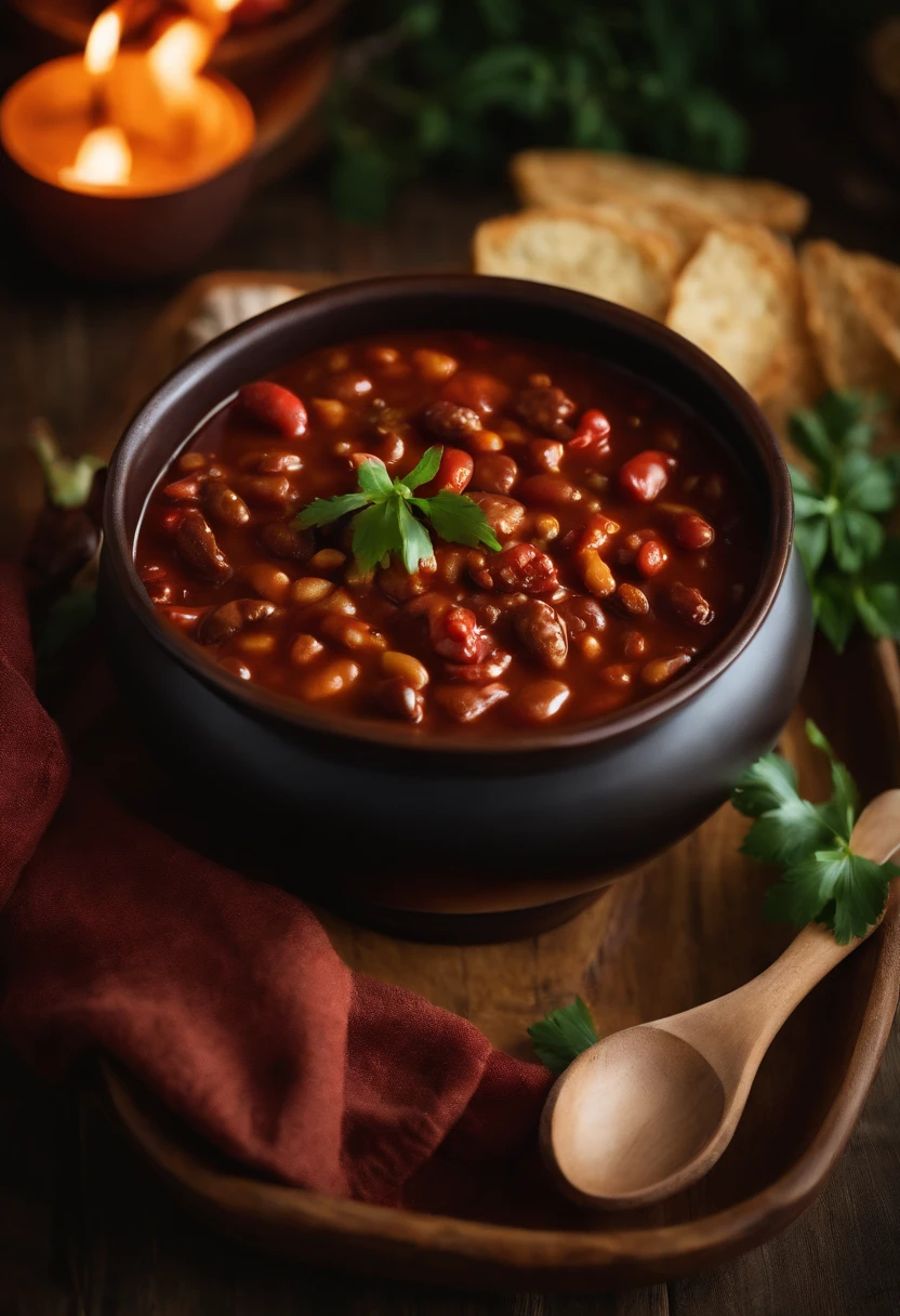 A photo of a warm bowl of chili surrounded by cozy potted foods and a warm blanket,original,Bowlofchili looks exactly like a bowl of chili, N/A