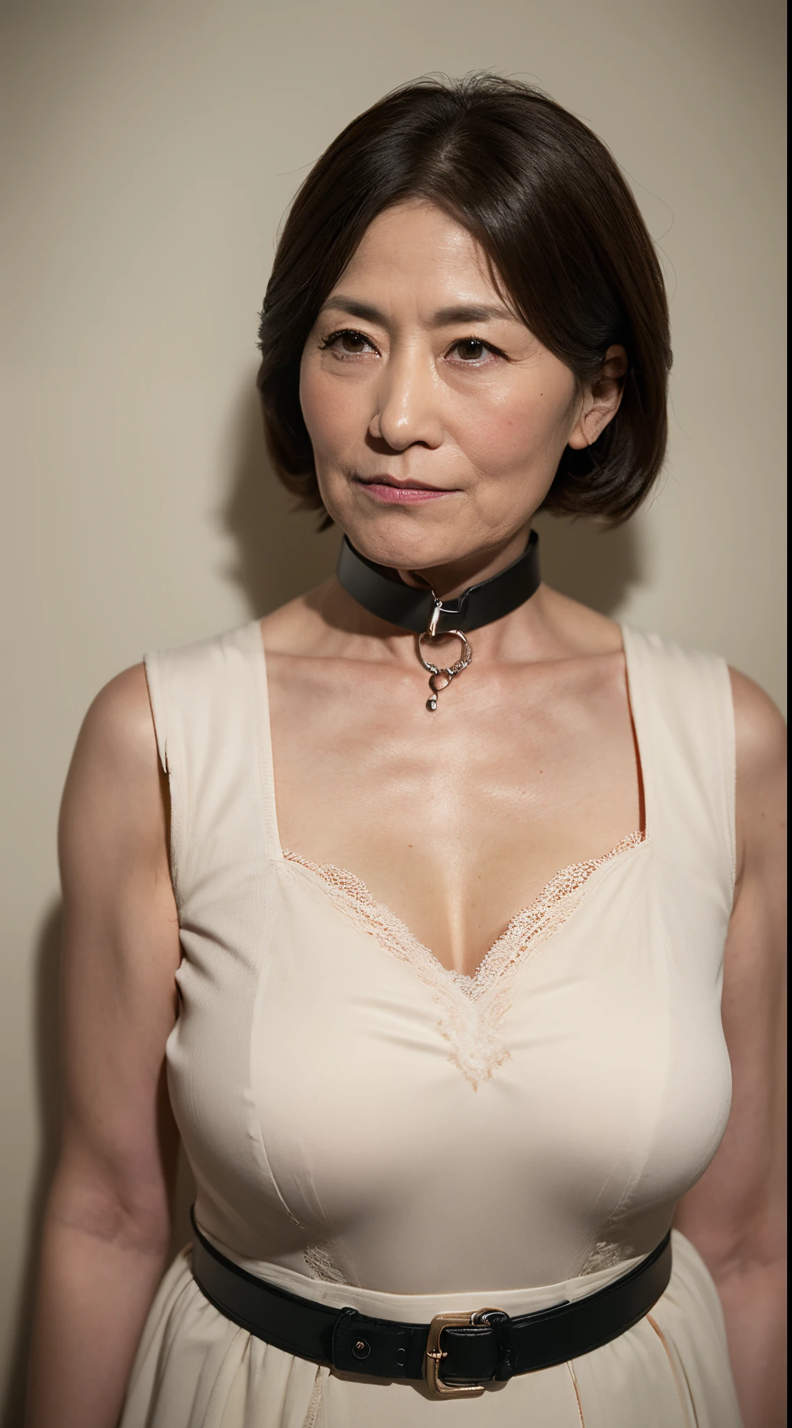 on the bed, gravure, facing front, ((Wearing a dog collar)), Fancy makeup, from the chest up, masterpiece, Best Quality, Ultra-detailed, Photorealistic, super detailed skin, Perfect Anatomy, (1 japanese mature woman), (Solo), 95 years old, Large breasts, Mature Woman Politician, glamor, A sexy, Chromo-white skin, Looking at Viewer,