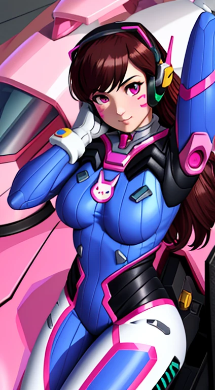 masterpiece, best quality, very aesthetic, absurdres, 1girl, mature_lady, ,,d.va(overwatch),1girl, headphones,long_hair,  brown_hair, facial_mark,whisker_markings,  bodysuit,  pilot_suit, white_gloves,,in a palace,glowing stardust frontground,fantasy,sparkling,fireflies,wet_clothes