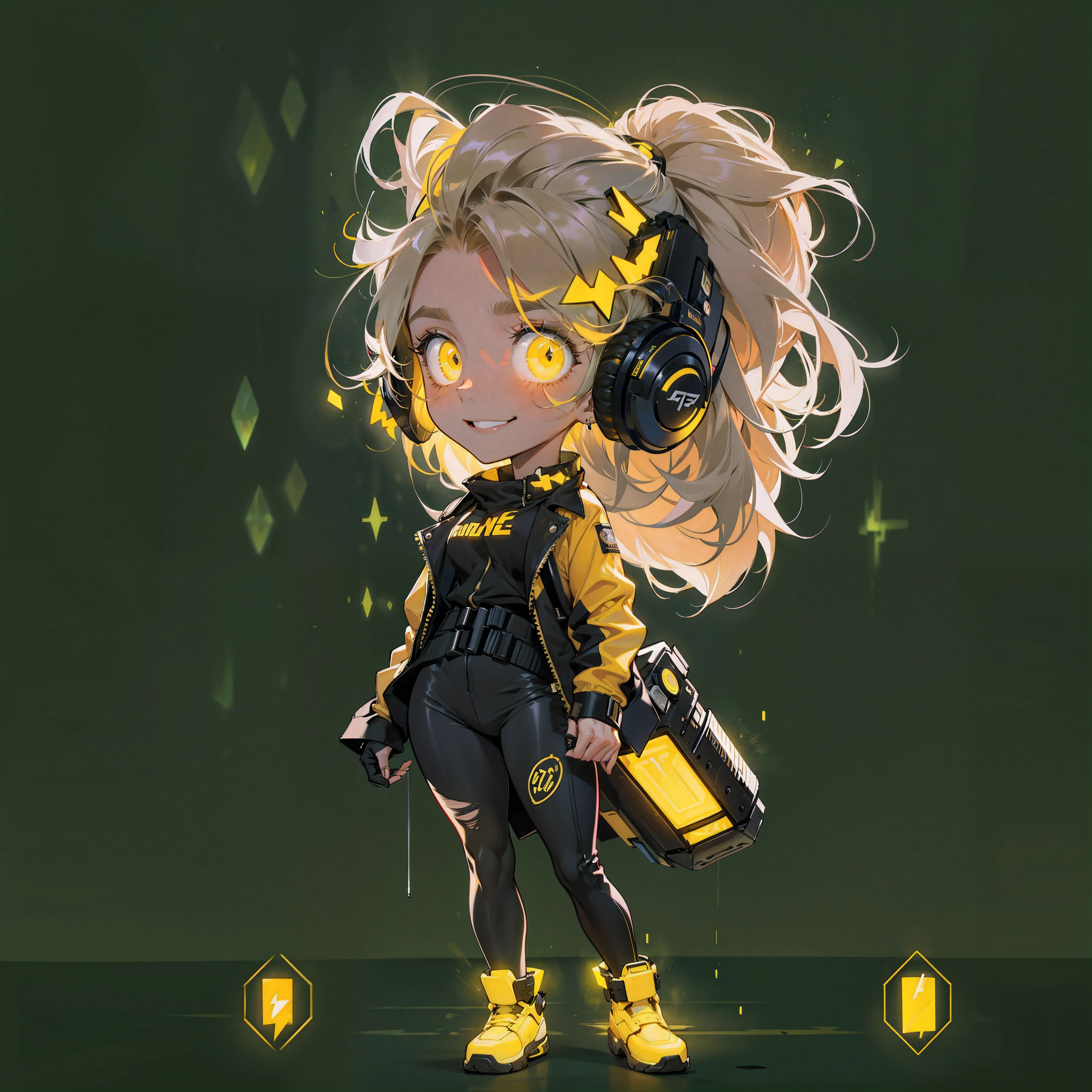 solid black background,characters in yellow lightning,Big lightning,Lightning thunder background,Effect of firepower on opponents,fiery,electric flint,Best quality at best，tmasterpiece，Super high resolution fills the screen，Indoors at night，Thunder magic,Lightning burning background,Intense burning,burning athlete,yellow color scheme,natta,inside a room,Yellow neon color scheme,A yellow-haired one，Black fashion clothing，yellow and black clothes,Future girl，beuaty girl，cyberpunk backgrouns，Lateral face，Smiling，Various laid-back poses，perfect make-up，love eyes，8K quality，cyber punk personage，sense of science and technology，Character backlighting，rim-light，Movement changes，Flowing hairstyle，loose hairstyle,Finger count refinement，The most beautiful girl of mankind，Wearing earphones，Luminous accessories,luminous earrings,Wear delicate accessories,Delicate close-up of the face，Lifelike image quality，Super light and shadow，Have a good figure，meticuloso，Have a good figure，Raised sexy,glowing,Cool,Ray gorgeous,,laughing very happily,