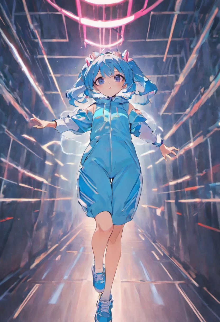 1 girl singer dressed in a light blue jumpsuit pink lines on the sides and black arm sleeves feet with white tennis shoes with white gloves black rabbit ears long electric blue hair, singing