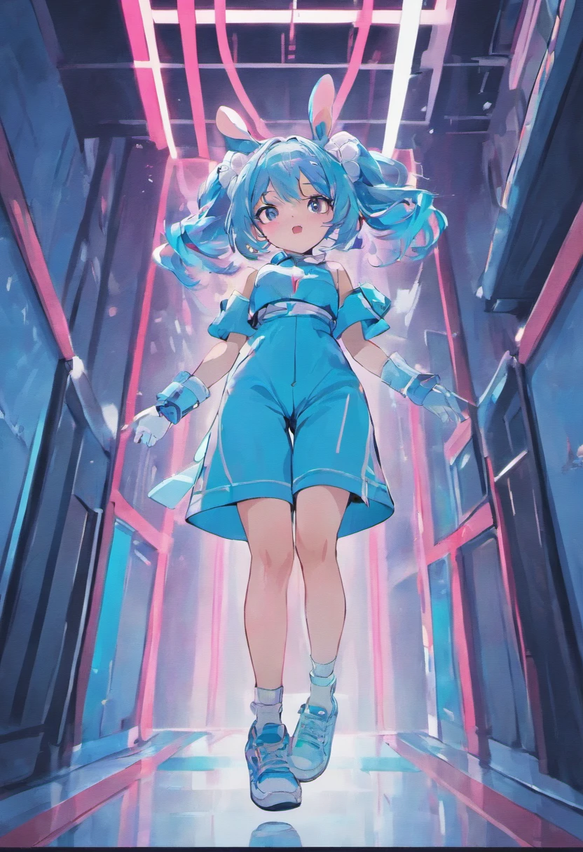 1 girl singer dressed in a light blue jumpsuit  pink lines on the sides and black arm sleeves feet with white tennis shoes with white gloves  black rabbit ears  long electric blue hair, singing