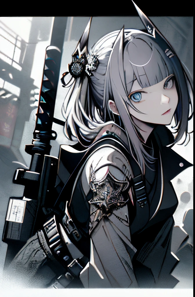Japanese Katana Sword、Samurai sword、Full body、White one-piece military uniform、over-kneehighs, Blunt bangs, Grey Hair,(masutepiece:1.2, Best Quality), (finely detailed beautiful eye: 1.2), (Detailed background,Dark Fantasy), (beautifull detailed face), High contrast, (Best Illumination, extremely delicate and beautiful), ((Cinematic Light)), Colorful, Hyper Detail, Dramatic light, Intricate details,Very blue eyes,