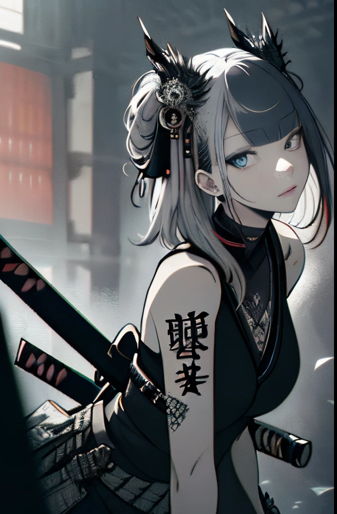 Japanese Katana Sword、Samurai sword、Full body、White one-piece military uniform、over-kneehighs, Blunt bangs, Grey Hair,(masutepiece:1.2, Best Quality), (finely detailed beautiful eye: 1.2), (Detailed background,Dark Fantasy), (beautifull detailed face), High contrast, (Best Illumination, extremely delicate and beautiful), ((Cinematic Light)), Colorful, Hyper Detail, Dramatic light, Intricate details,Very blue eyes,