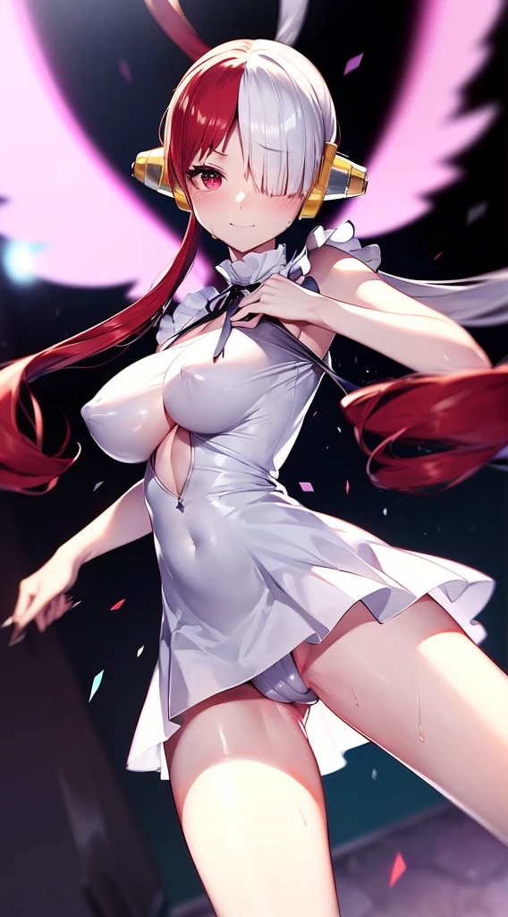 masutepiece、Best Quality、hight resolution、tre anatomically correct、((stage))、microphone、((live))、dance、white dres、Black ribbon at chest、a miniskirt、(Vibrant colors：1.2)、(​masterpiece：2.0)、onepiece、Uta、blanche、left red hair、right gray hair、Not wearing pants、divine spirit、Flushed cheeks、a smile、Beautiful girl in every detail、Body shining with sweat、Wet、Seductive thighs、sexy  pose、Hair above one eye、(frombelow:1.5)、Pussy、Female genitals、vaginal、Intravaginal、Expansion、You can see inside the skirt、((Female genital exposure))、Lit up、(pointy tits:1.6)