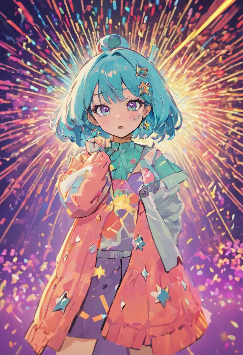 (best quality,4k,8k,highres,masterpiece:1.2),ultra-detailed,(realistic,photorealistic,photo-realistic:1.37), vibrant colors, shimmering light, neon glow, retro style, joyful expression, captivating stage presence, energetic performance, dynamic pose, stage lights, microphone, music notes material:retro-inspired illustration, digital art
Additional details(人物):big expressive eyes, glossy lips, colorful makeup, star-shaped earrings, silver necklace, confident posture additional details(Scenes):large stage with a colorful backdrop, cheering crowd, spotlights, concert atmosphere, fireworks, confetti art style:pop art, visual kei, anime-inspired color shades:pastel pink, electric blue, neon green, vibrant purple lights:bright stage lights, dramatic spotlights, rainbow-colored light effects
