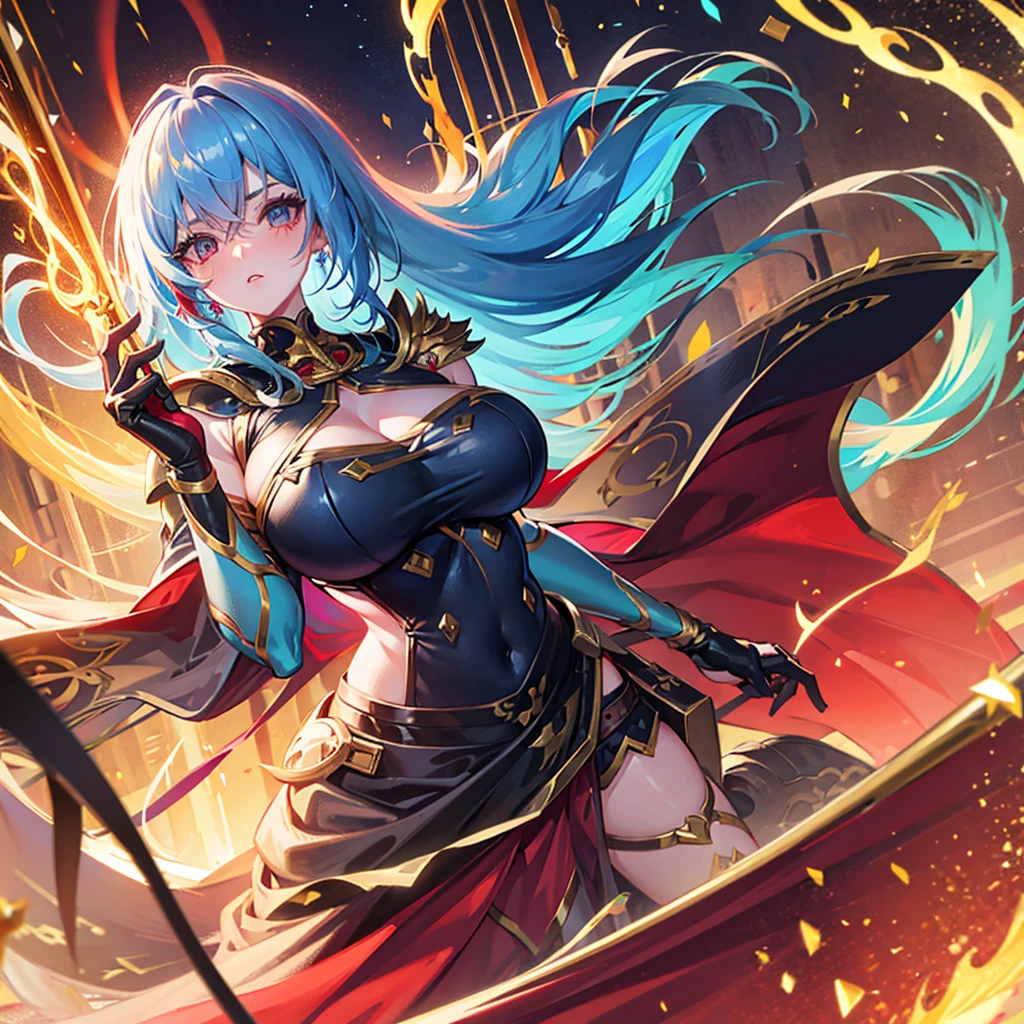 Female, anime, Gold long hair, Eyepatch on the left eye, Bright blue right eye, Red blush marks, Holy gold armor, Gold sword on her hands, bigger boobs