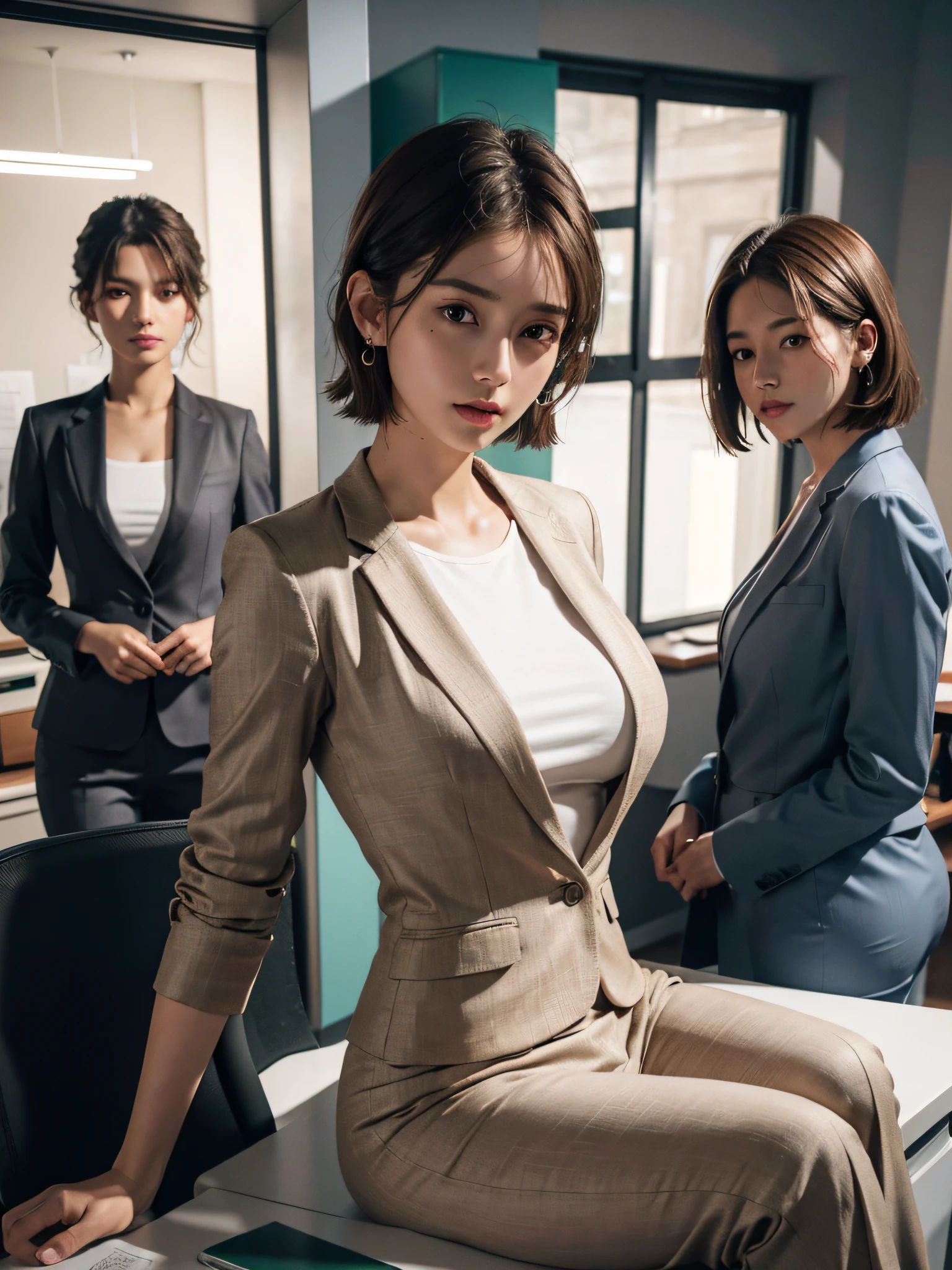 absurderes, Raw photo, Extremely delicate and beautiful, masutepiece, Best Quality, Ultra High Resolution, 16 K, hyper realisitic, Ultra-detailed, Perfect Anatomy, super detailed skin, Perfect figure, Very detailed CG 8k wallpaper, in her 20s, Very slim body, Narrow waist, Very small head, Very small face, Delicate facial features, tear moles, Earring, thin legs, (very massive round chest), (Full body shot), Short hair, (Wavy Hair), (light brown hair), (Wet clothes), ((((3 girls)))), (((Office Lady Suit))),