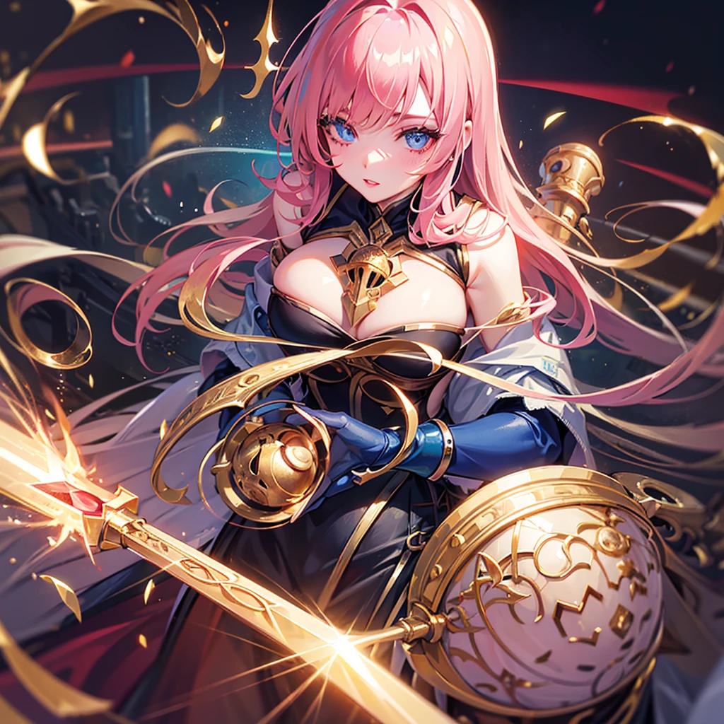 (best quality,4k,highres),ultra-detailed,realistic,anime,portraits,beautiful detailed eyes,beautiful detailed lips,extremely detailed eyes and face,longeyelashes,2girls,gold long hair,gold knight armor,gold sword in her hands,eyepatch on the left eye,bright blue right eye,pink lipstick,red blush marks,vivid colors,sharp focus,bokeh,physically-based rendering