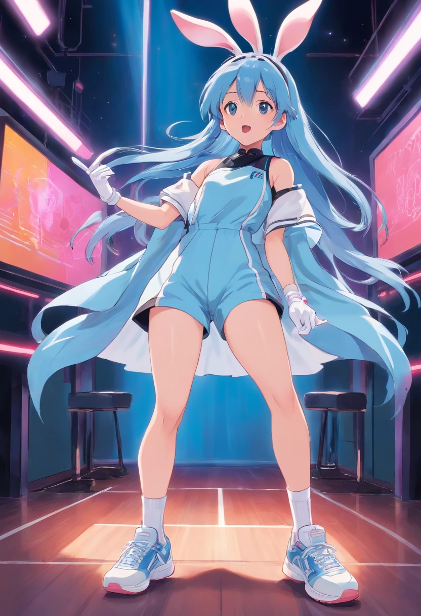 1 girl singer dressed in a light blue jumpsuit pink lines on the sides and black arm sleeves feet with white tennis shoes with white gloves black rabbit ears long electric blue hair, singing