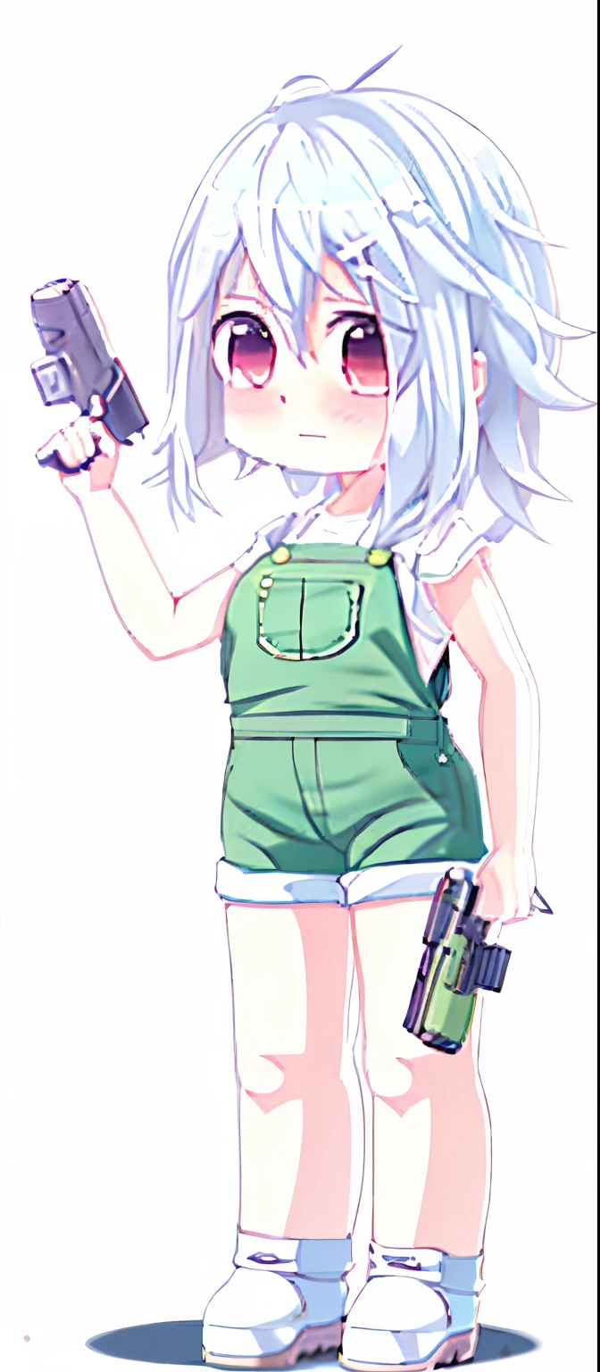 anime girl with a gun, maple story gun girl, , 2 d anime style, inspired by Leiko Ikemura, full body portrait of a short!, short overalls and a white hair, :14 80s anime style, fubuki, kantai collection style, small curvy loliorts