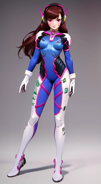 Masterpiece, Best Quality, High Resolution, 1Girl, Ultra High Resolution, Solo, Mecha Pilot, D.VA, Headphones, Pink Eyes, Cat Face Adornament, Blue Tights, Brown Hair, White Gloves, full body portrait