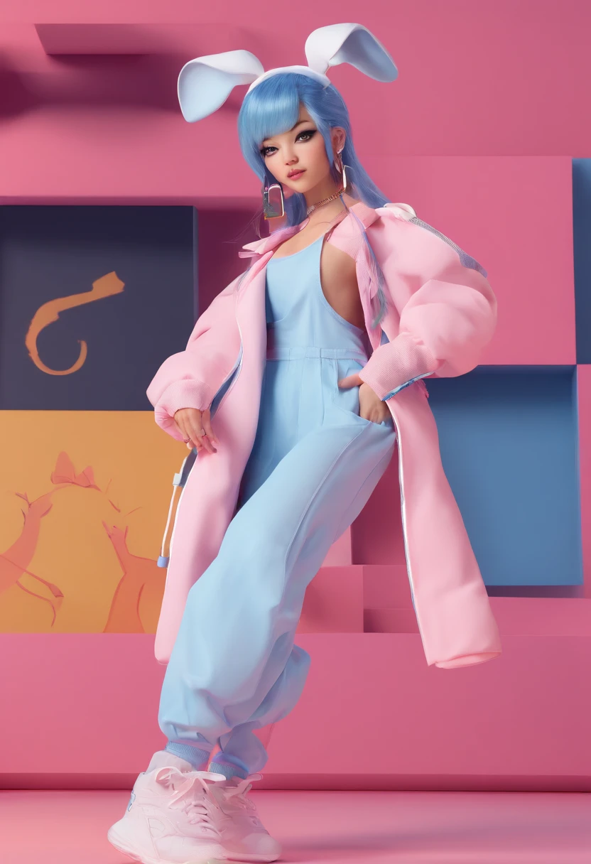 1 girl singer dressed in a light blue jumpsuit pink lines on the sides and black arm sleeves feet with white tennis shoes with white gloves black rabbit ears long electric blue hair, singing