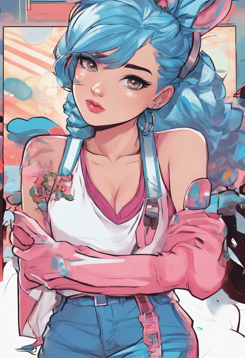 (best quality, realistic:1.37), 1 girl singer, electric blue hair, light blue jumpsuit, pink lines on the sides, black arm sleeves, white tennis shoes, white gloves, black rabbit ears, singing