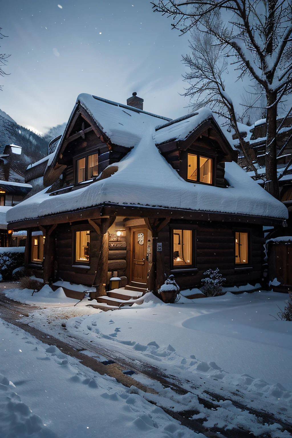 A quiet winter night in the mountains, Thatched hut covered with snow. warm light through the window, Creates a cozy atmosphere，Contrast with the cold blue tones of the snow-covered house. The dark night sky and surroundings accentuate the lights of the house. A hint of desolation in this secluded area can be seen in the lights and sidewalks in the snow.