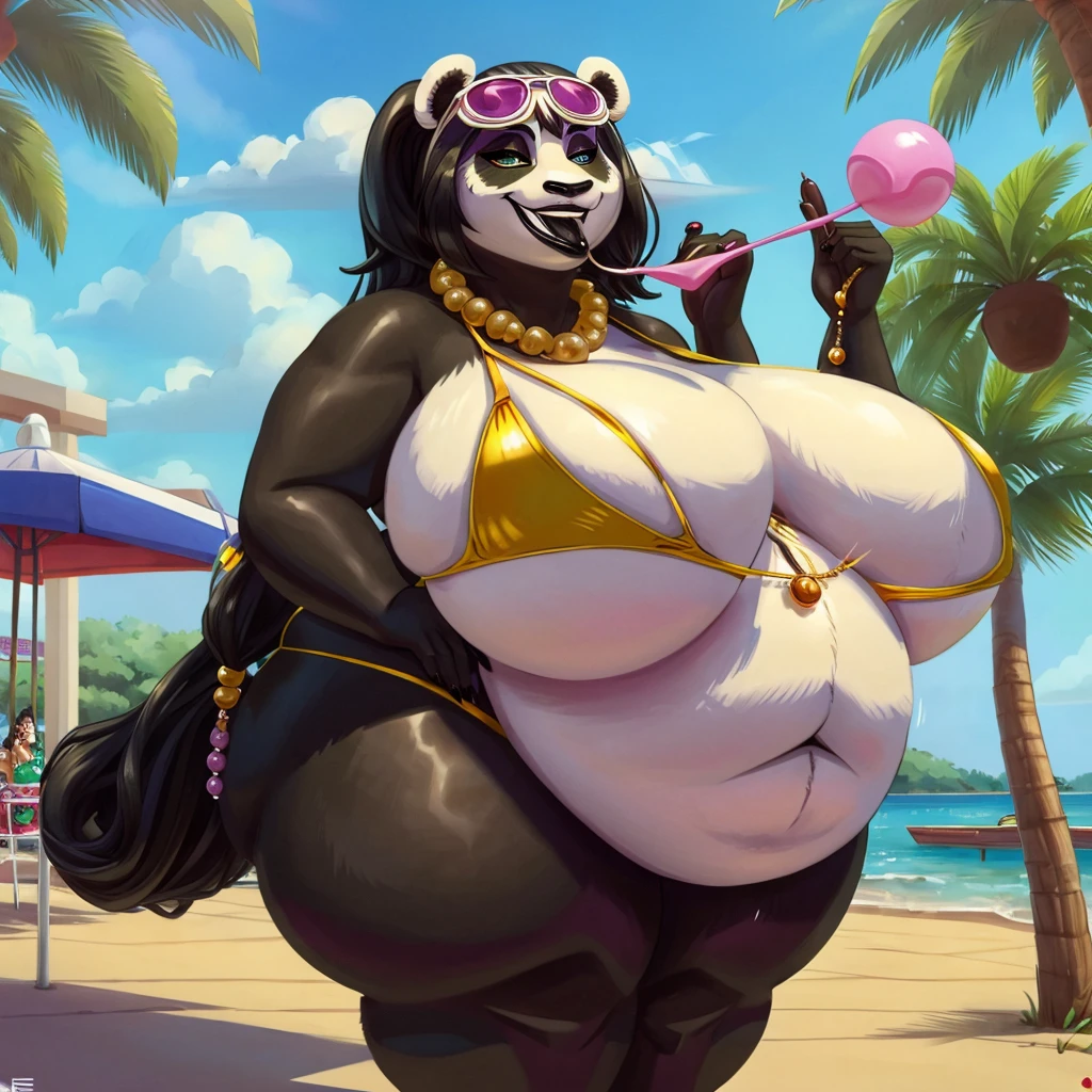 Furry, Panda, large woman, nsfw, gold bikini, public, large lips, licking lips, fat, fatfur, large breasts, overweight, prayer beads, necklace, black hair, panda markings, obese, eating pop, smug, black lipstick, sunglasses, hyper, hyper breasts, skimpy outfit, jewelery, large thighs