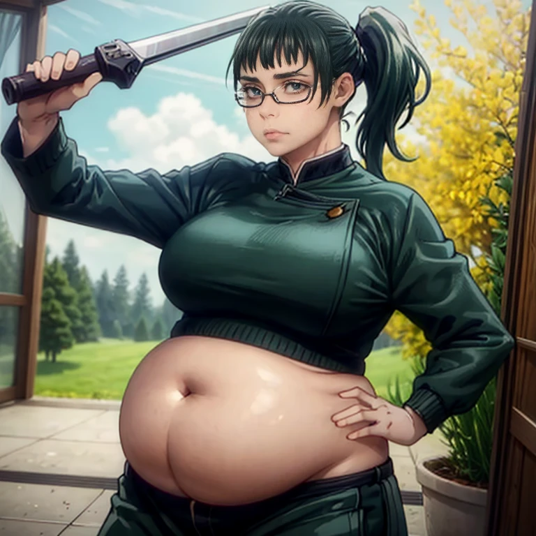 1girl, dark green hair , hair in pony tail, big plump belly, pretty face, nose, lips, beautiful eyes, glasses, (best quality, masterpiece, 4k, sharp focus), professional photograph, sharp focus, dramatic, award winning, cinematic lighting, octane render, unreal engine, volumetrics dtx,