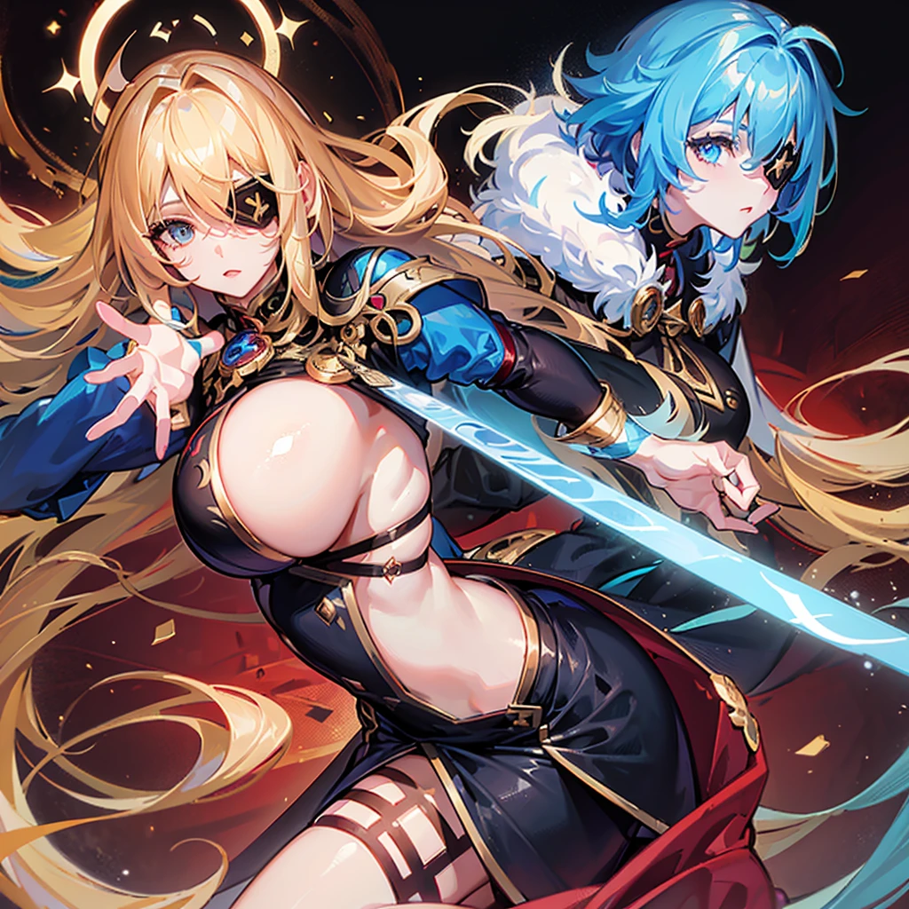 (best quality,4k,highres,masterpiece:1.2), ultra-detailed, realistic:1.37, Female, anime, long golden hair, bright blue eye with red blush marks, eyepatch on the left eye, Gold knight armor, holding a gold sword, larger chest size, detailed facial features, slender figure, confident expression, dynamic pose, vibrant colors, shining armor, intricate decorations, ornate patterns, elaborate gauntlets, flowing cape, golden boots, majestic background scenery, dramatic lighting.