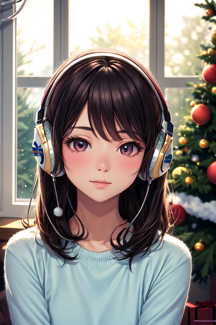 ((best quality)), ((masterpiece)), (detailed), perfect face, girl listening to music in a cozy room, by the window, with christmas decorations in the room, 2-d anime style, horizontal