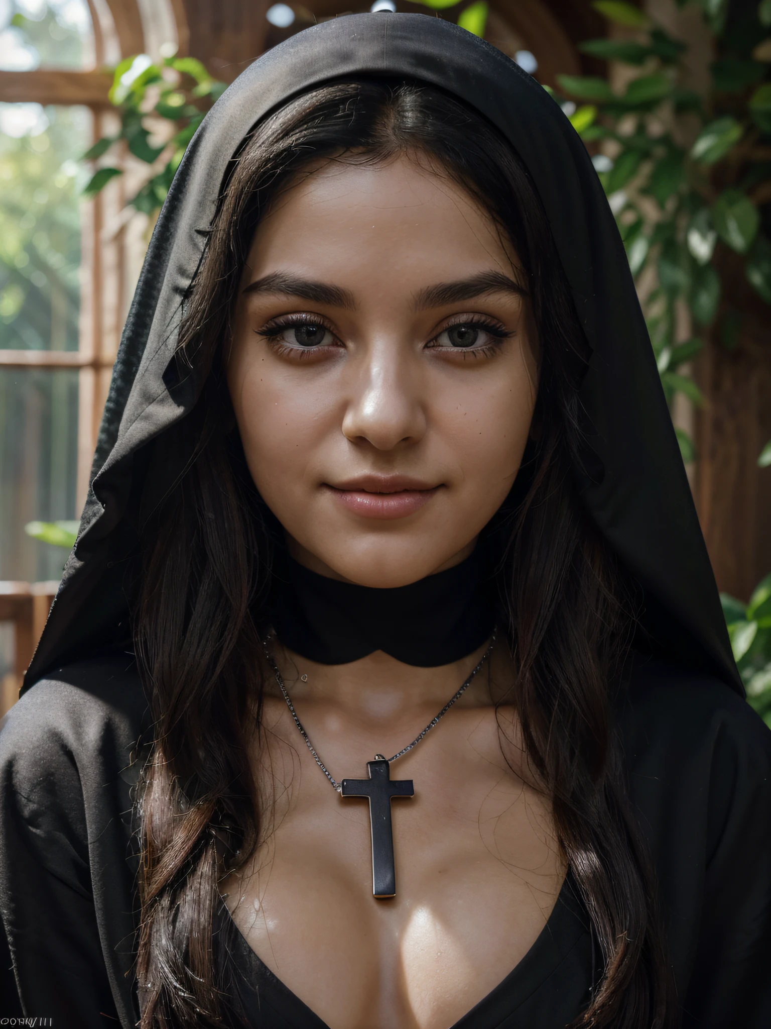 (mujer joven, 20-year-old:1.1), (cabello negro ondulado:1.1), (ojos grandes:1.1), (black exotic makeup:1.1), (Bien vestido), (The Nun's Habit), (collar de cruz de madera), (antiguo monasterio), (monasterio medieval), (Sexy Bien) Ahora (Cabello ultra detallado), (ojos ultra grandes), (completamente religioso), (velo de monja que cubre el cabello), (hermosa sonrisa inocente), (La mejor calidad,4k,8k,Altas Resoluciones,Obra maestra:1.2), Ultra detallado, (realista,fotorrealista,fotorrealista:1.37), HDR, UHD, Studio lighting, (Retratos,Artistas conceptuales), colores vibrantes, (lush greenery), (luz solar brillante)