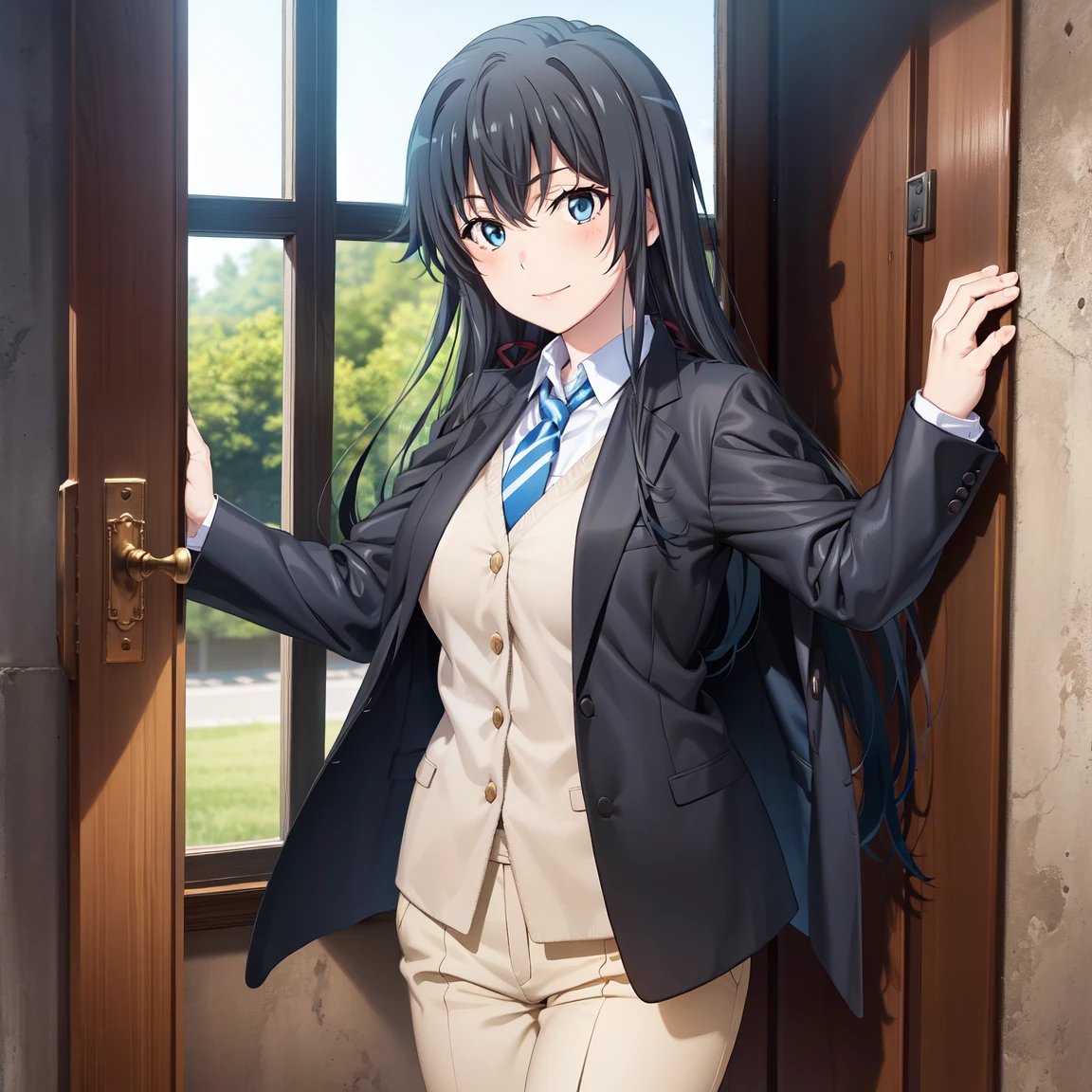 Yukinoshita yukino,woman in formal attireactive suit tuxedo tailcoat standing in a large alcove in the room, 1girl, solo, necktie, black hair, blue eyes, long hair, smile, jacket, looking at viewer, shirt, pants, blue necktie, collared shirt, white pants, white shirt, indoors, bangs, long sleeves, closed mouth, window, black jacket, blush, cowboy shot, formal, suit, full body , blue eyes detailed