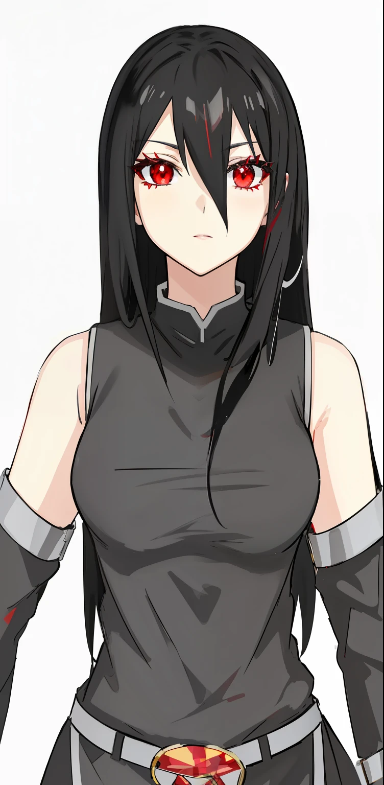 anime red eye girl with long black hair wear black dress with silver belt and red crystal on it,