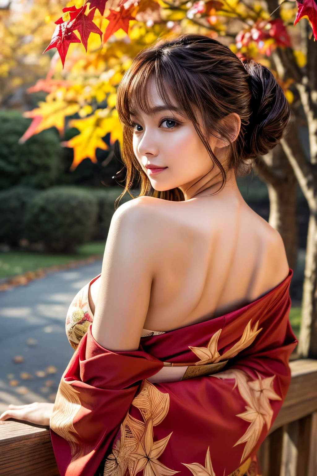 (masutepiece:1.3, Photorealsitic:1.4, 8K), top-quality, masterpiece, 超A high resolution, Perfect dynamic composition, Professional camera work, Highly detailed skin and facial texture:1.3, A detailed eye, Detailed limbs, autumnal, Autumn leaves landscape at night:1.2, 1girl in, Cute sexy 25 year old slim woman, Fair skin, Autumn leaves are dancing:1.2, (Enraptured look:0.9, Totally captivates you:1.0), (Red kimono:1.3, Only the shoulders are exposed), (voluptuous breasts:0.9), (Facing the front, randome pose), (Beautiful blue eyes, Eyes that feel beautiful eros:0.85), Sexy face:0.4, (A mouthfeel that feels beautiful eros:0.85), ((Too cute beauty:0.9))