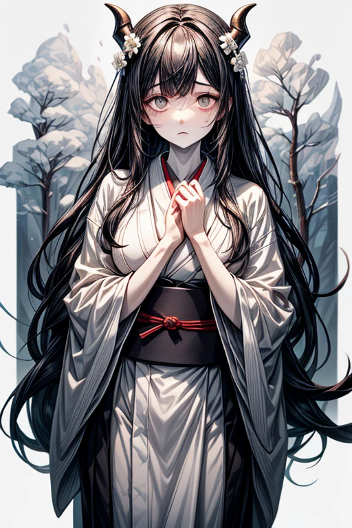 //Character
1girl, princess of the japanese ancient tragedy, slim and soft, medium large breast, ultra detailed face, super cute, innocent, round face, thin eyeblow, black eyes, (translucent skin, super extra pale, looks ill, looks sad:1.6), (shadow on her cheek), sorrow, extra long hair, black hair, straight bangs, demon horn on her head
BREAK
//Fashion
japanese ghost inspired attire
Her outfit is styled with images of death clothes
pure white japanese kimono, decorated in a vague gray flowers
BREAK
in the banboo forest, deep in mountain, very dark, cold, snowy
break
howling in a loud voice,