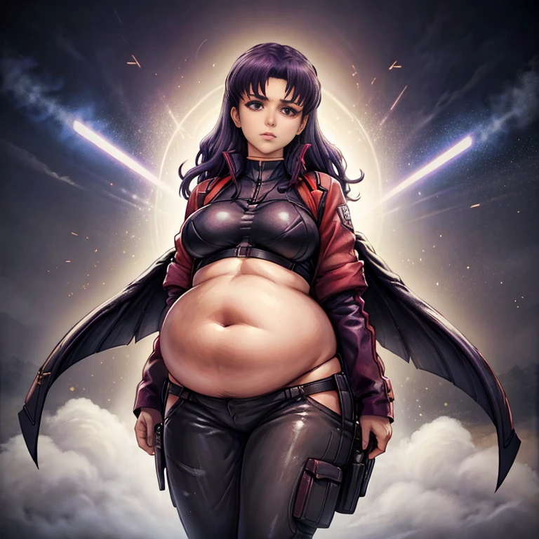 art by kipteitei, 1girl, dark purple hair, misato katsuragi from the anime evangelion, big plump belly, pretty face, nose, lips, beautiful eyes, (best quality, masterpiece, 4k, sharp focus), professional photograph, sharp focus, dramatic, award winning, cinematic lighting, octane render, unreal engine, volumetrics dtx,