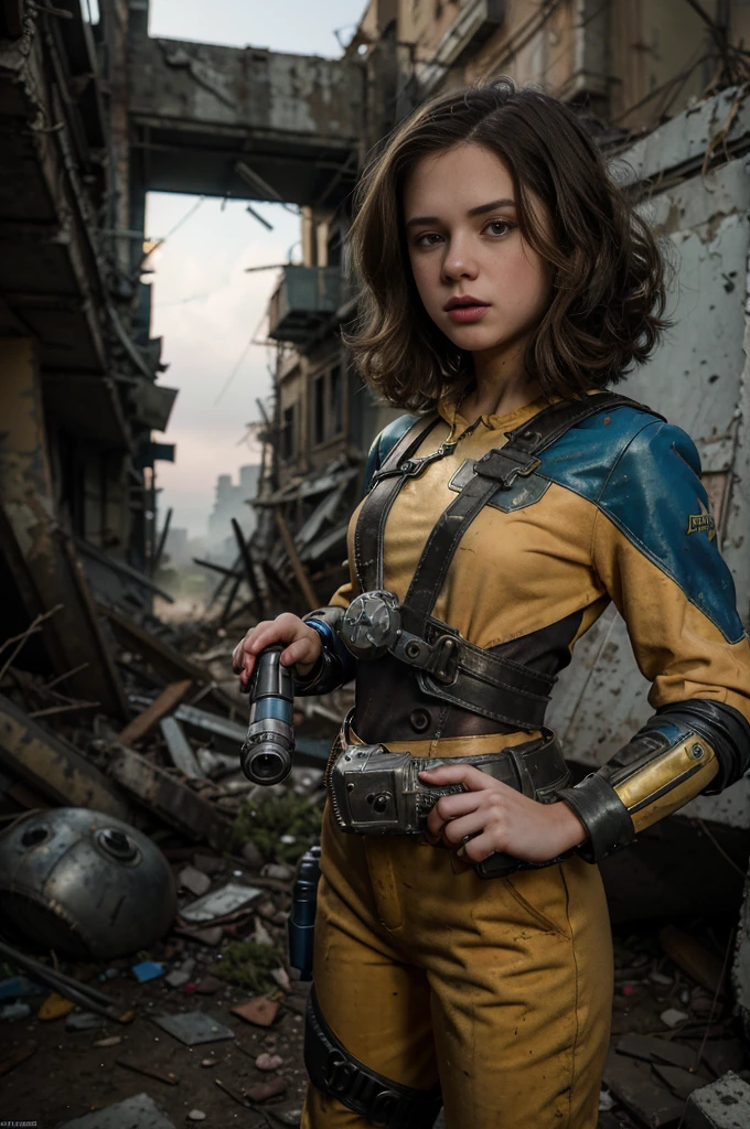  girl wearing (vaultsuit with pipboy3000 on wrist) standing in a ruined city, holding a large fallout weapon, giant slater fallout insect in background, professionally color graded, professional photography, well drawn, masterpiece, hyper realistic, ultra detailed, high quality, best quality, 4k, 8k, raw