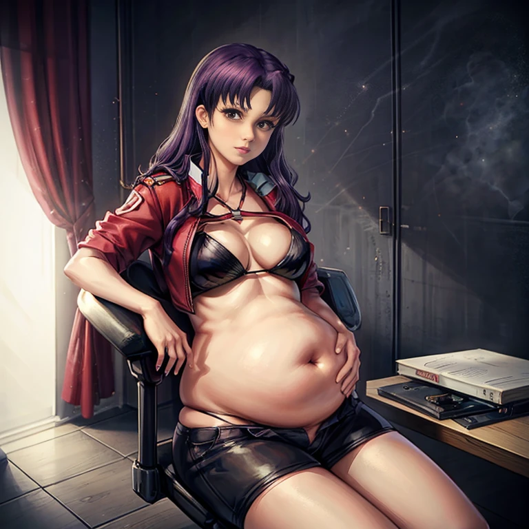 art by kipteitei, 1girl, dark purple hair, misato katsuragi from the anime evangelion, big plump belly, pretty face, nose, lips, beautiful eyes, (best quality, masterpiece, 4k, sharp focus), professional photograph, sharp focus, dramatic, award winning, cinematic lighting, octane render, unreal engine, volumetrics dtx,