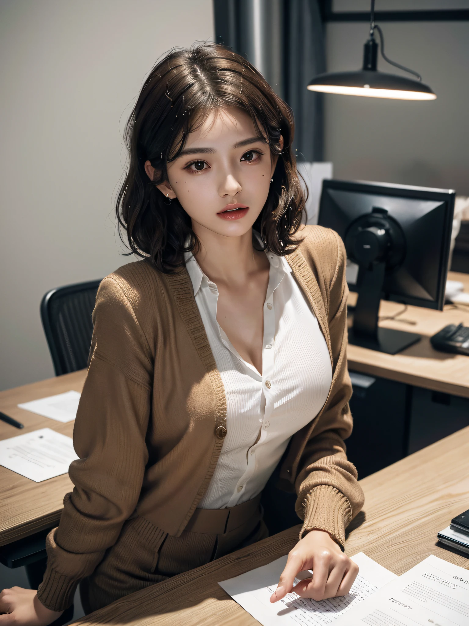 absurderes, Raw photo, Extremely delicate and beautiful, masutepiece, Best Quality, Ultra High Resolution, 16 K, hyper realisitic, Realistic, Photorealistic, Photorealsitic, Ultra-detailed, Perfect Anatomy, super detailed skin, Perfect figure, Very detailed CG 8k wallpaper, in her 20s, Very slim body, Narrow waist, Very small head, Very small face, Delicate facial features, tear moles, Earring, thin legs, (very massive round chest), ((Full body shot)), Short hair, (Wavy Hair), (light brown hair), (Wet clothes), (1 rapariga), (((Office Lady Suit))), ((knit shirt)), See-through, Jacket,