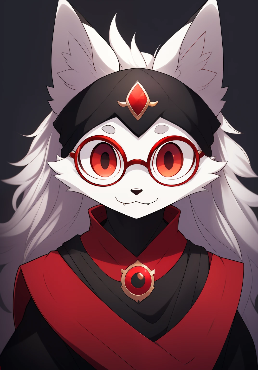 anthro, female white fox, solo, long hair, red eyes, fangs, full body, big tail, dark background. dark priest with balck and red cloack, third eye on forehead, round glasses, cute face