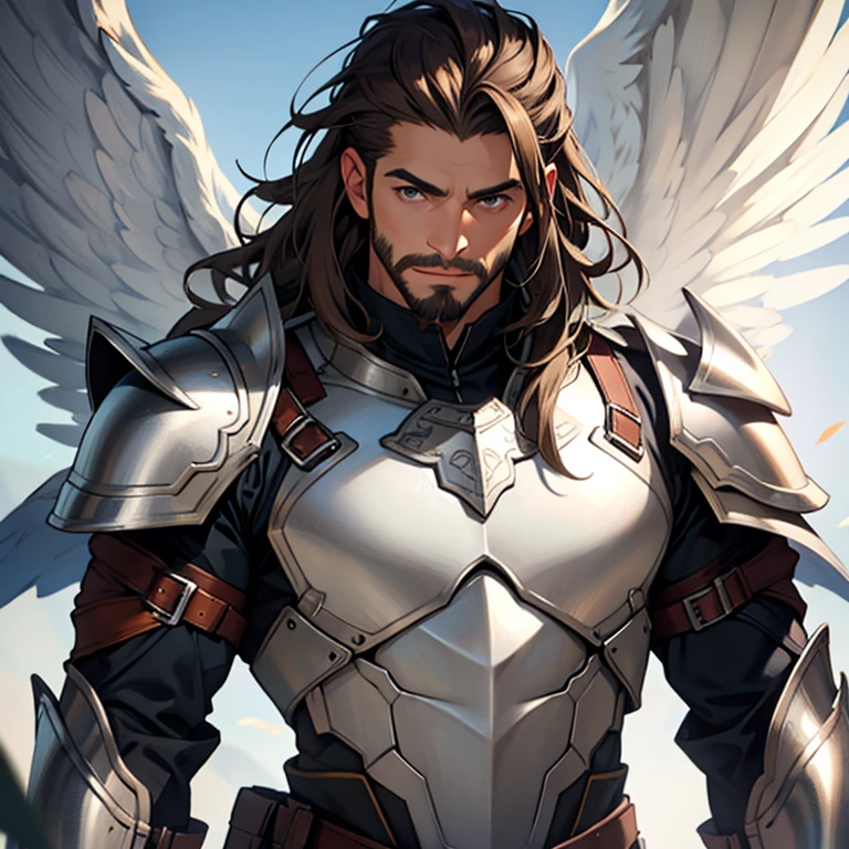 Brown hair, male, white wings, silver armor, facial hair