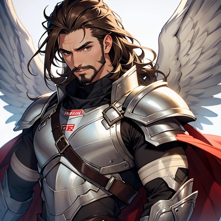 Brown hair, male, white wings, silver armor, facial hair