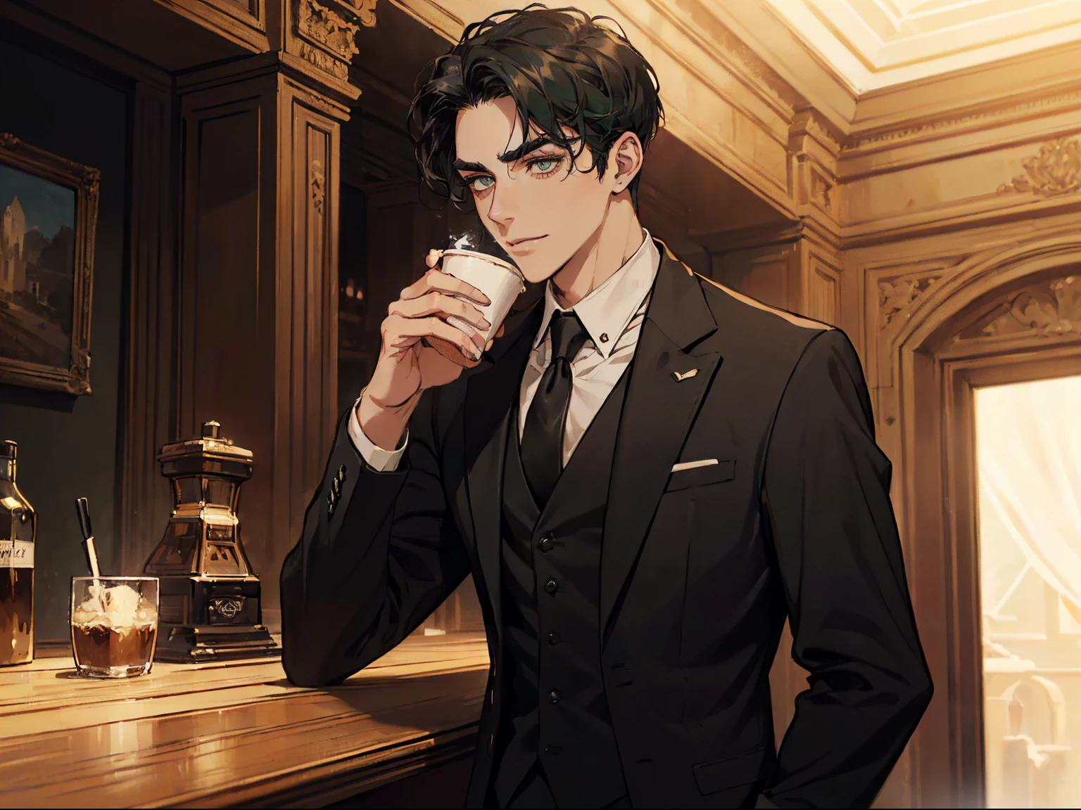 ((One young man with a black suit and tie)), alejandro, (((one side swept dark short neat hair))), (dark green eyes and thick eyebrows), ((20 years old)), ((masterpiece)), drinking coffee , ((cinematic lighting)), relax look and smirk