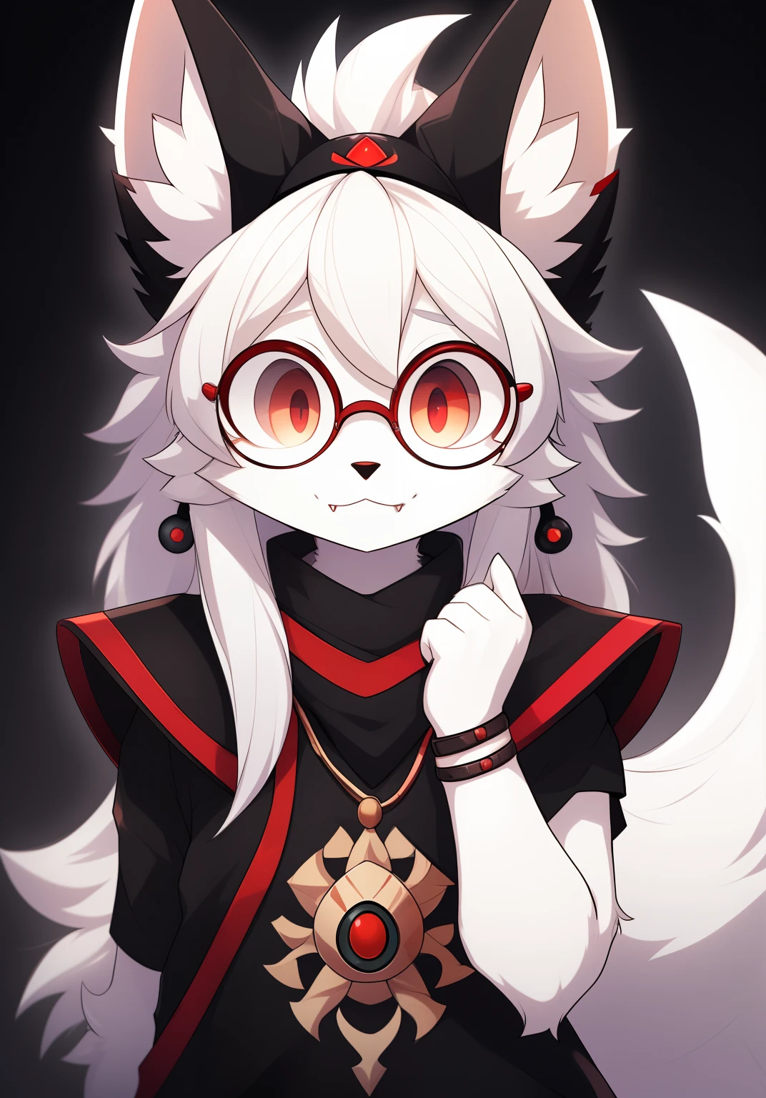 anthro, female white fox, solo, long white hair, red eyes, fangs, full body, big tail, dark background. dark priest with balck and red cloack, third eye on forehead, round glasses, cute face