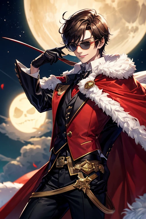 The young and handsome phantom thief Arsène Lupin, with a fearless smile, wears sunglasses and is dressed as Santa Claus. Behind him floats a large moon.