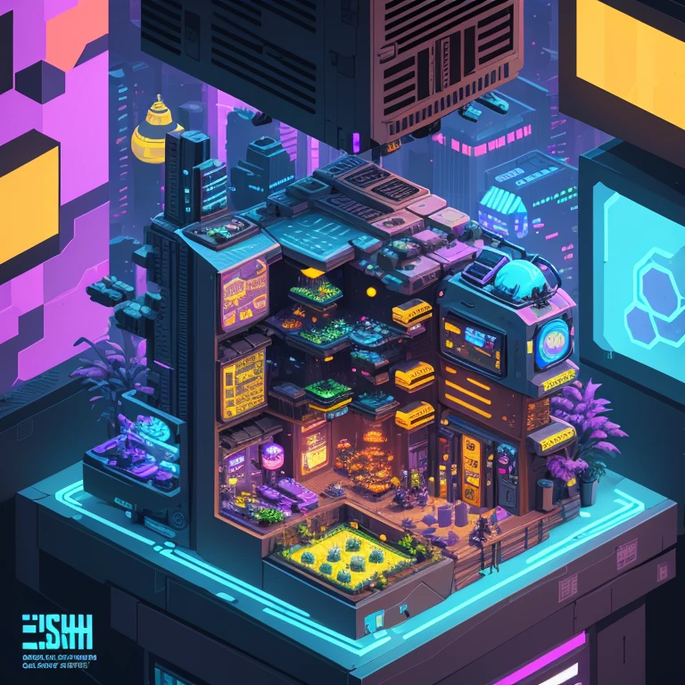 Cartoon style illustration of a futuristic restaurant with bar, Space Hive, hive city, alien hive, Isometric future game, theme is cyberpunk city market, cyberpunk pixel art, sci-fi building. iso-distance view, cyberpunk nightclub, cyberpunk artstyle, Cyberpunk Mansion, honeycomb, isometric game art, detailed cyberpunk illustration, sci-fi night club, cyberpunk artstyle