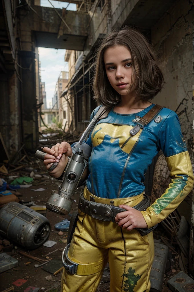 13 year old girl wearing (vaultsuit with pipboy3000 on wrist) standing in a ruined city, holding a large fallout weapon, giant slater fallout insect in background, professionally color graded, professional photography, well drawn, masterpiece, hyper realistic, ultra detailed, high quality, best quality, 4k, 8k, raw