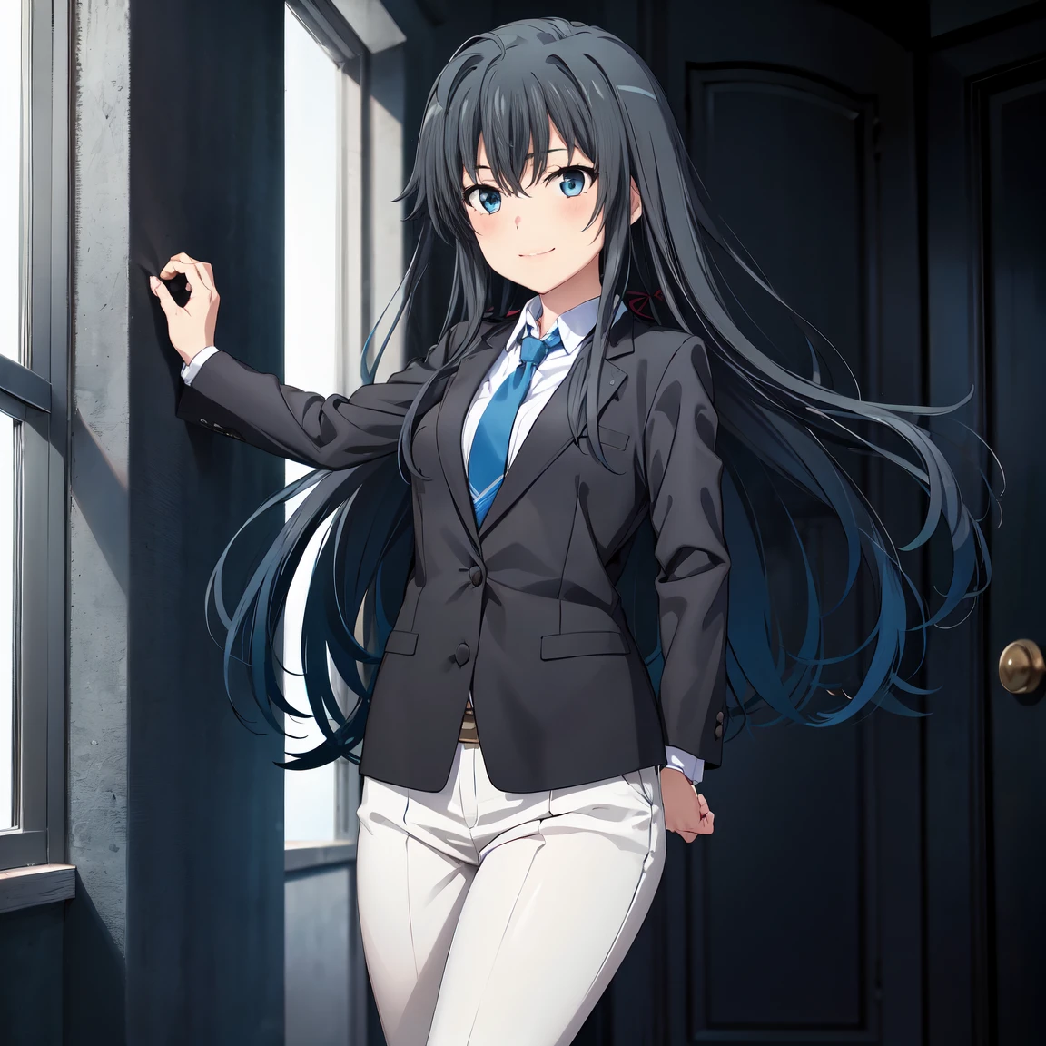 Yukinoshita yukino,woman in formal attireactive suit tuxedo tailcoat standing in a large alcove in the room, 1girl, solo, necktie, black hair, blue eyes, long hair, smile, jacket, looking at viewer, shirt, pants, blue necktie, collared shirt, white pants, white shirt, indoors, bangs, long sleeves, closed mouth, window, black jacket, blush, cowboy shot, formal, suit, full body , blue eyes detailed