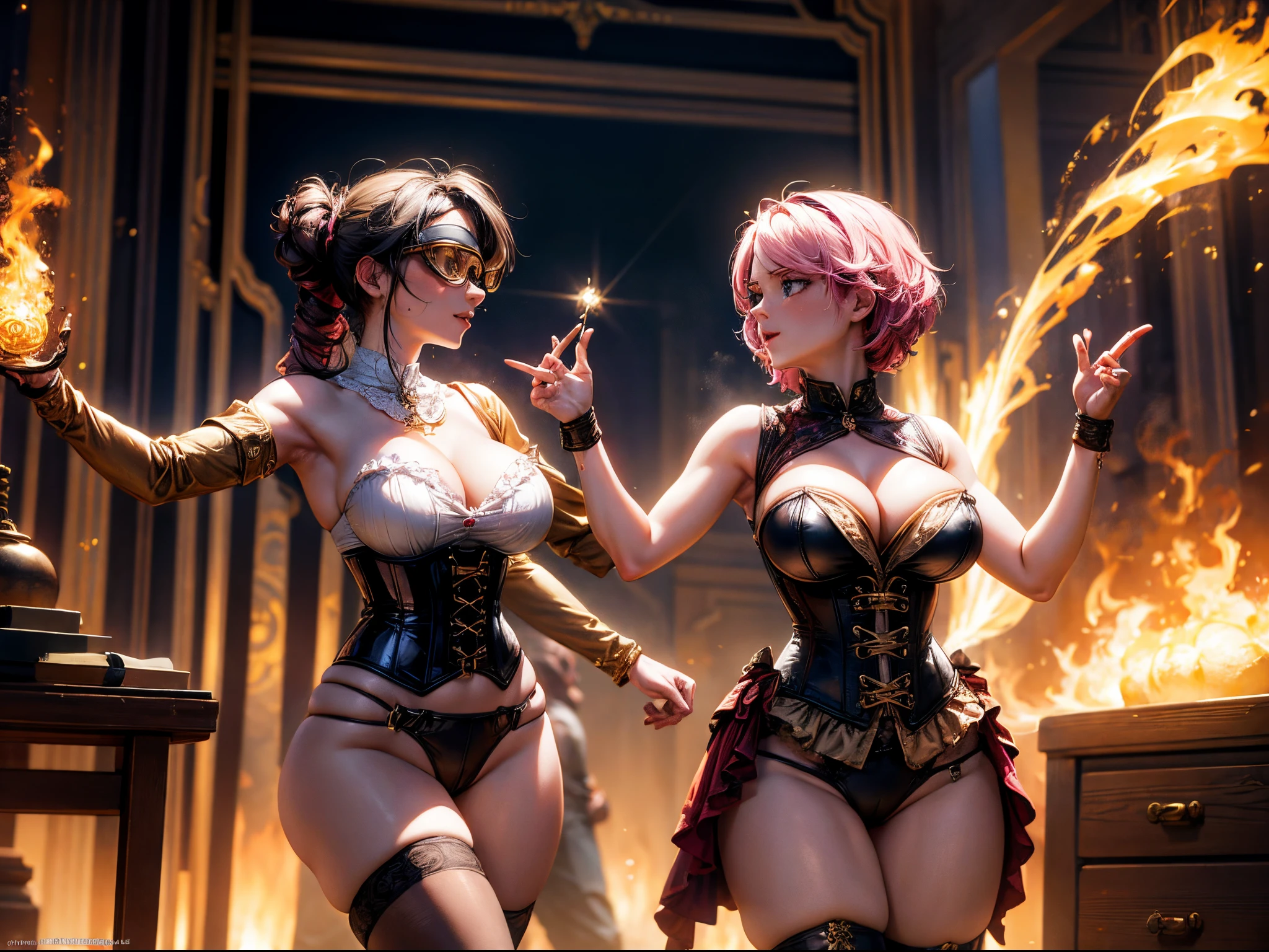 A steampunk circus performer dazzles the audience with her Leonardo AI-assisted acrobatics and fire-breathing, while wearing a corset and goggles. large breast