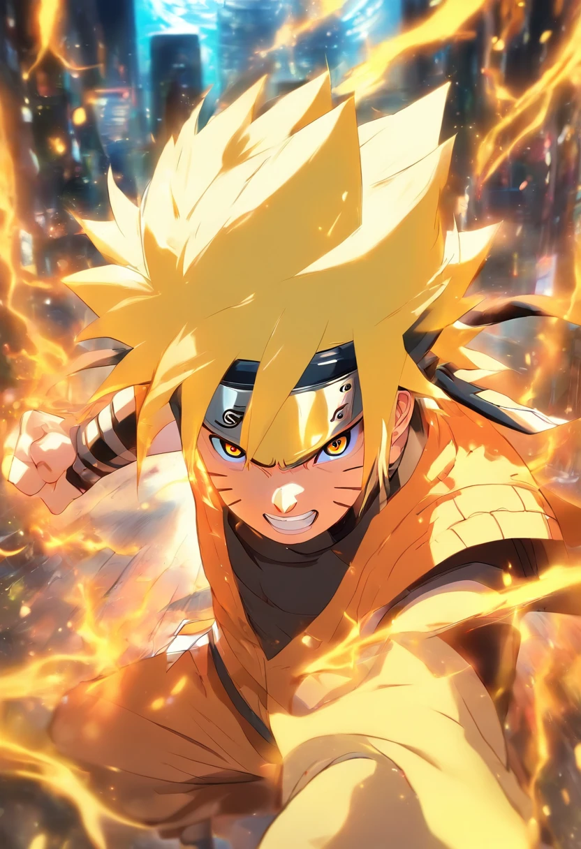 smil, Blut_Hasten, Strahlende Augen, 1Junge, Naruto Uzumaki, blondes Haar, Gelbe Kleidung, fighting, fighting, Gefechtsschaden, nur, zerrissene Kleidung, Geradlinige Optik, sehr detailliert, Anime, FESTPLATTE, Meisterwerk, Zeichnung, 8K, Professionell, symmetrisch, (Detaillierte Augen, Iris der Augen:0.5), (Blick in die Kamera:0.8), blaue Augen, gelbes Haar, Funken, rochen