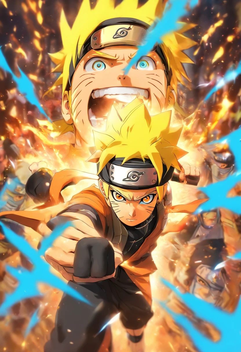 smil, Blut_Hasten, Strahlende Augen, 1Junge, Naruto Uzumaki, blondes Haar, Gelbe Kleidung, fighting, fighting, Gefechtsschaden, nur, zerrissene Kleidung, Geradlinige Optik, sehr detailliert, Anime, FESTPLATTE, Meisterwerk, Zeichnung, 8K, Professionell, symmetrisch, (Detaillierte Augen, Iris der Augen:0.5), (Blick in die Kamera:0.8), blaue Augen, gelbes Haar, Funken, rochen