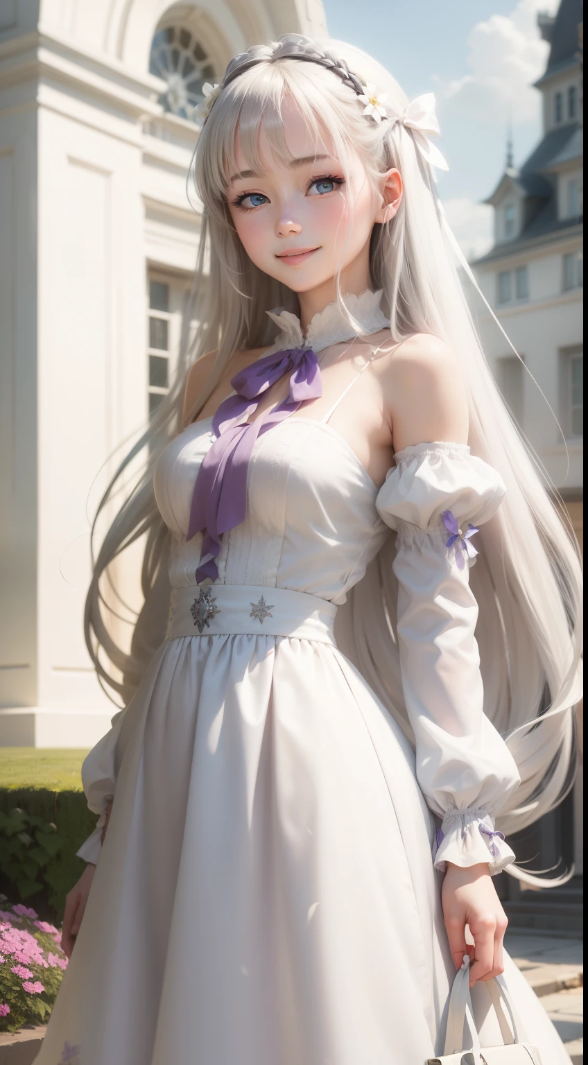 masutepiece, Superb Piece, Daytime, plein air, Falling flowers, White Dress, 1 girl, A perfect woman, Woman with silver and white long hair, gray blue eyes, pale pink lips, Cold, Serious, Bang, Purple eyes, White clothes, black closing line, Delicate face, Exquisiteface, Standing Bow, tassels, Happiness knot, Smile